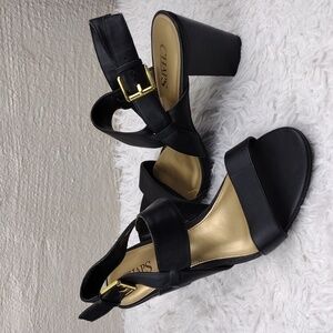 Chaps Black Faux Leather Almond Open Toe High Blocked Heel Slingback Sandal